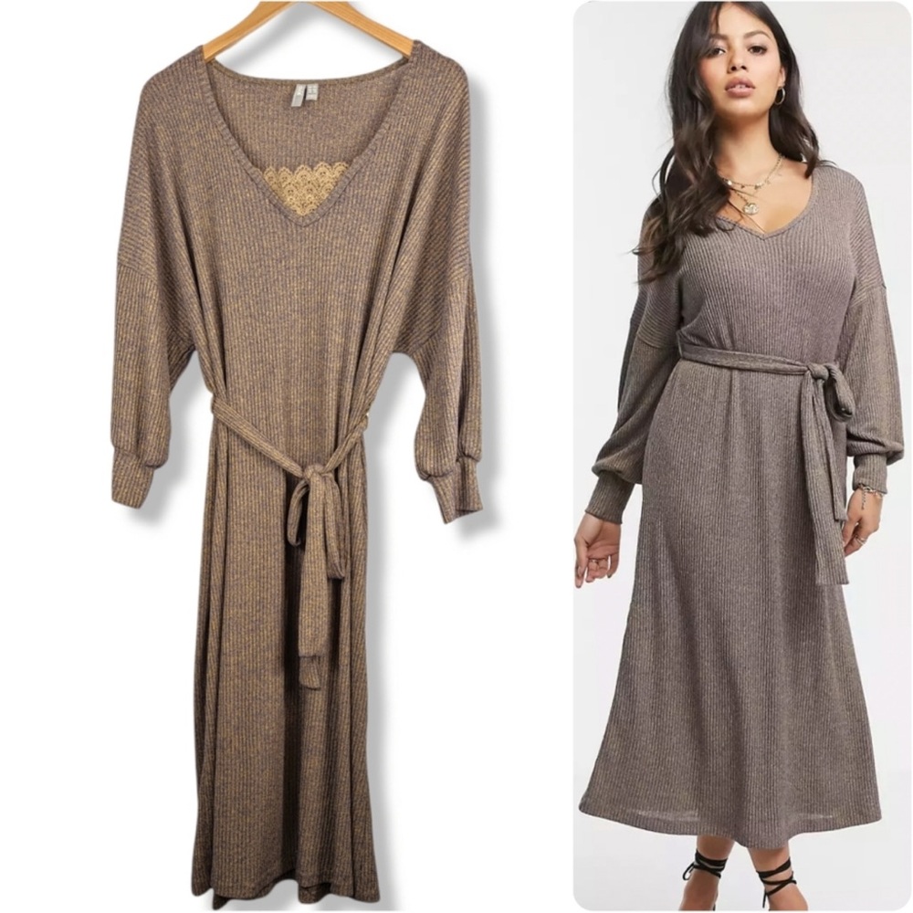 ASOS Long Sleeve Oversized Rib Marl Belted Midi Dress: US Sz 18